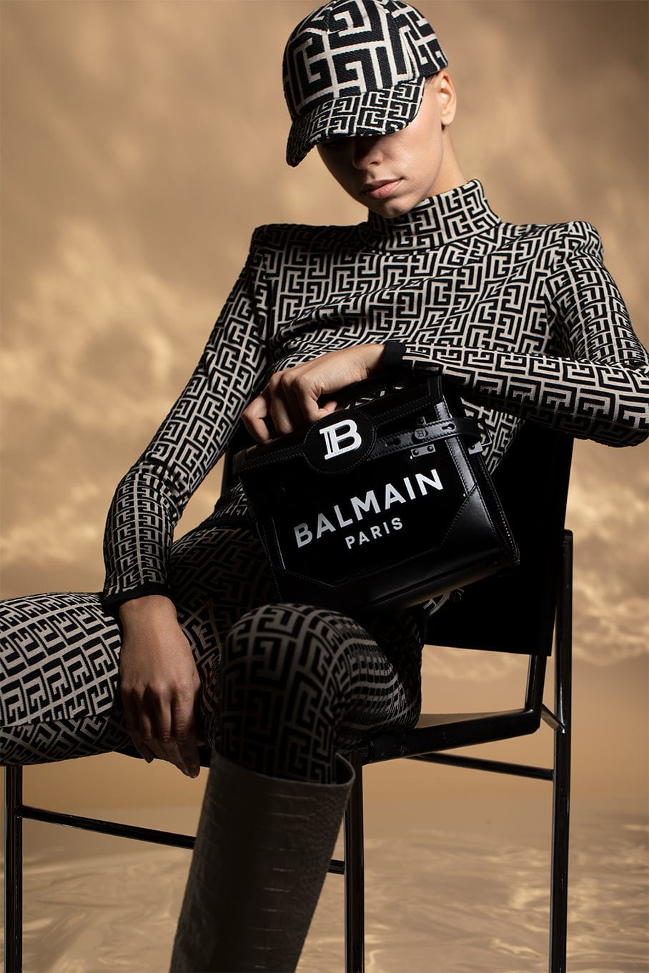 BALMAIN-Mix Monogram Jacquard Cap-IVR/NOIR