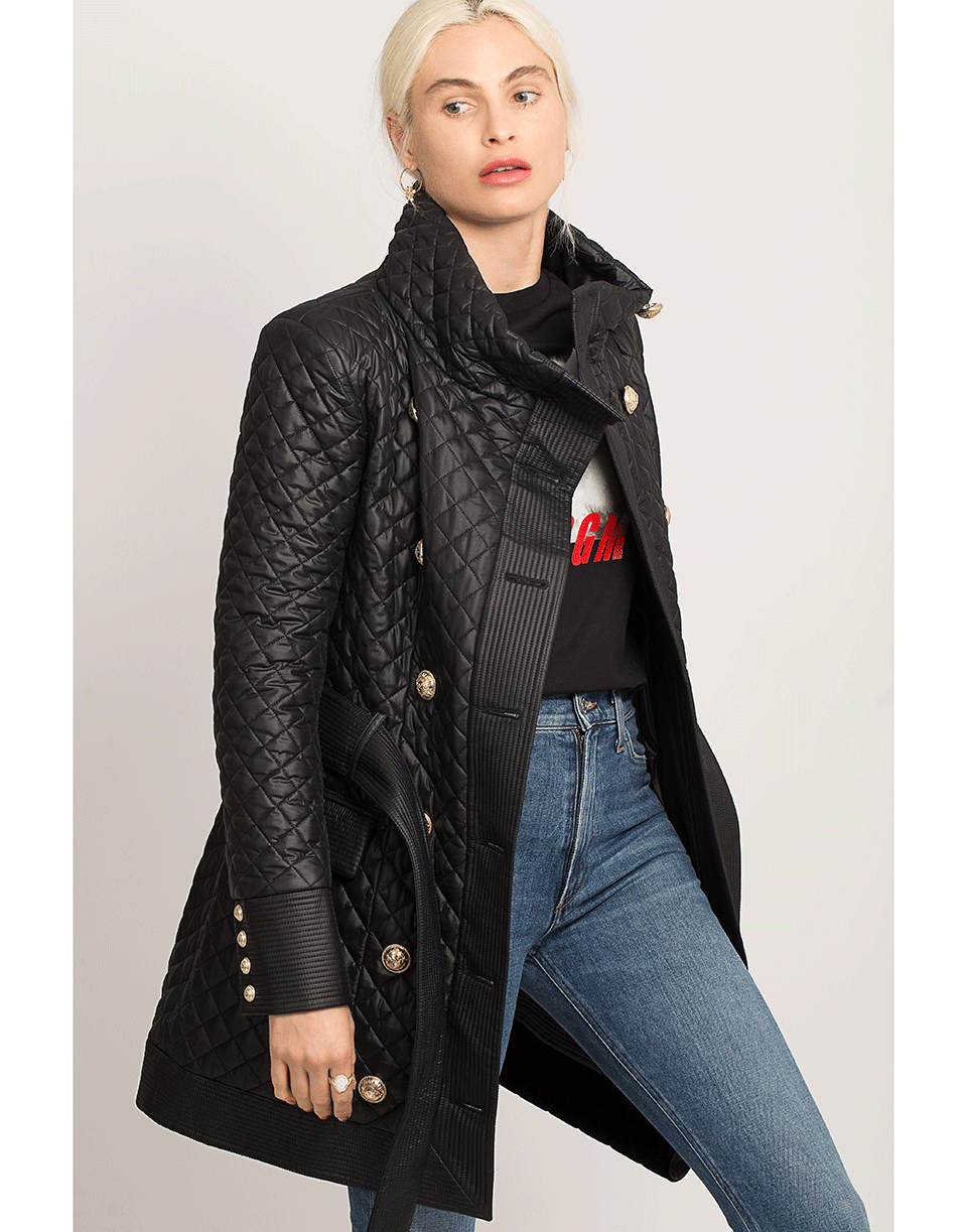 BALMAIN-Quilted Double Breasted Nylon Coat-