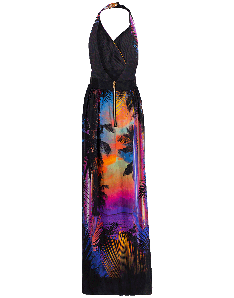 BALMAIN-Tropical Print Halter Neck Belted Silk Maxi Dress-
