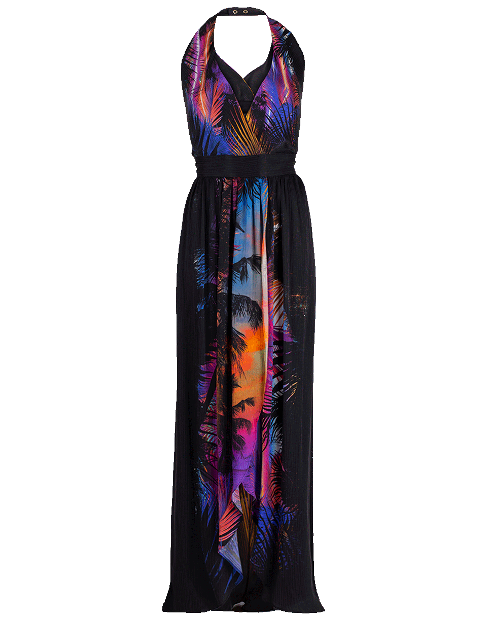 BALMAIN-Tropical Print Halter Neck Belted Silk Maxi Dress-