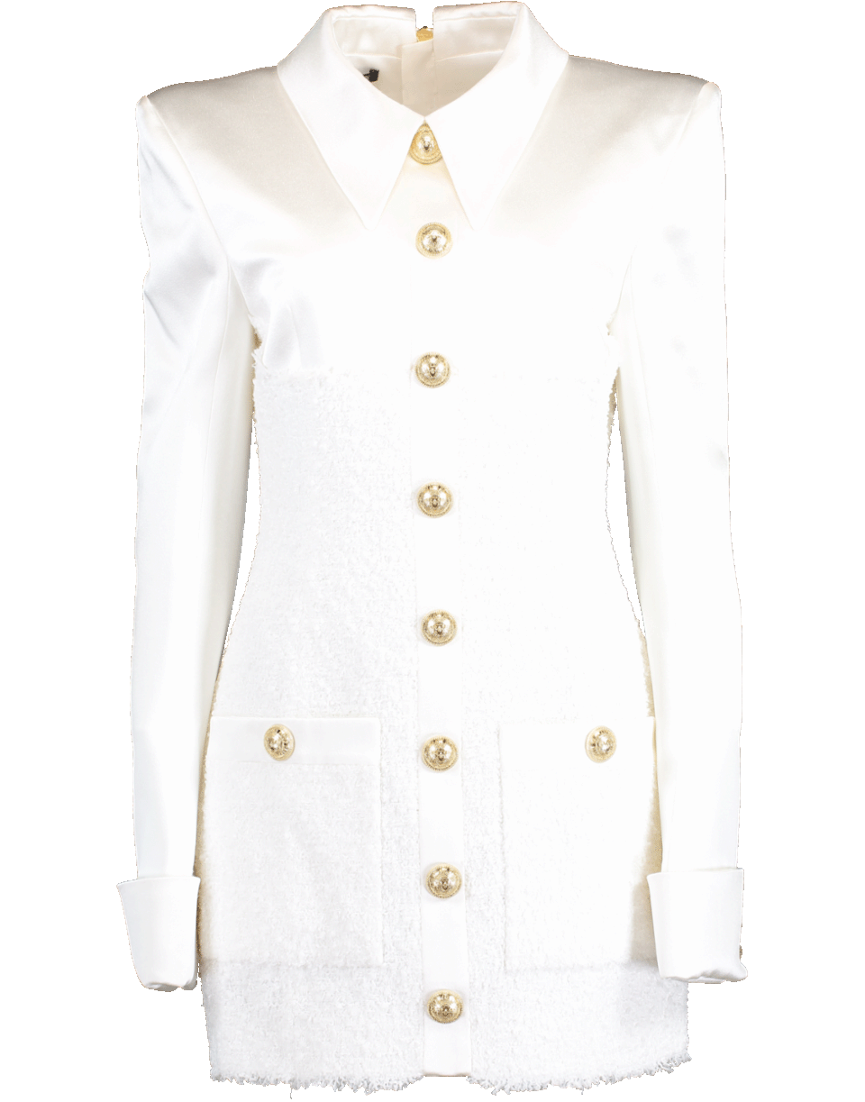 BALMAIN-Long Sleeve Tweed Dress-BLANC