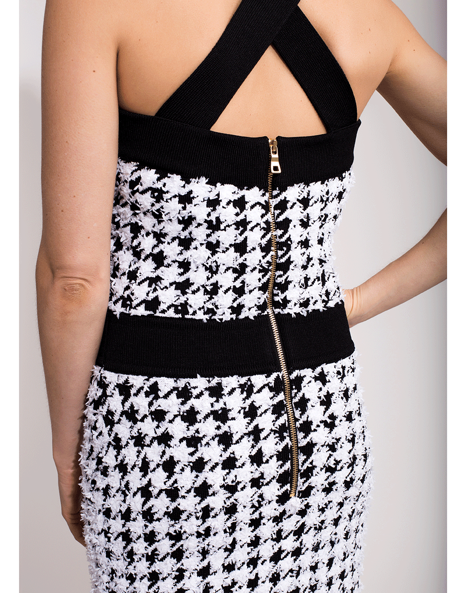 BALMAIN-Cross Strap Button Down Tweed Dress-