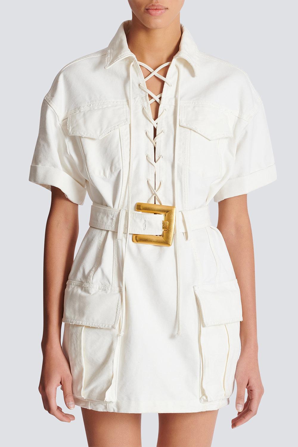 Lace-Up Canvas Dress-BLNCCSS-36-CLOTHINGDRESSCASUAL-BALMAIN
