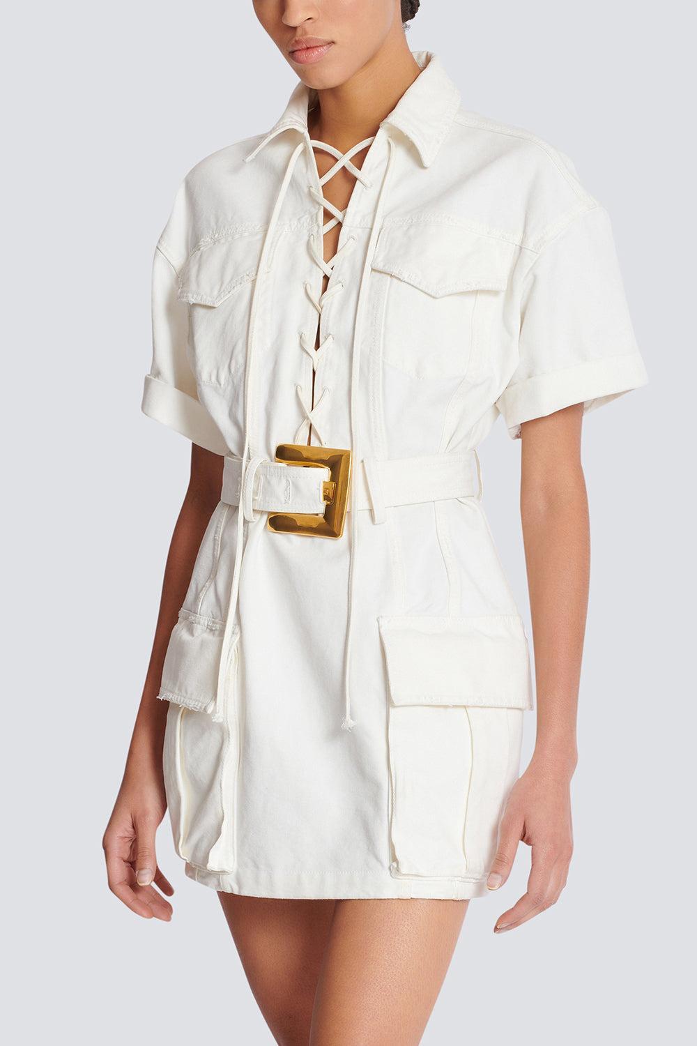 Lace-Up Canvas Dress-BLNCCSS-36-CLOTHINGDRESSCASUAL-BALMAIN
