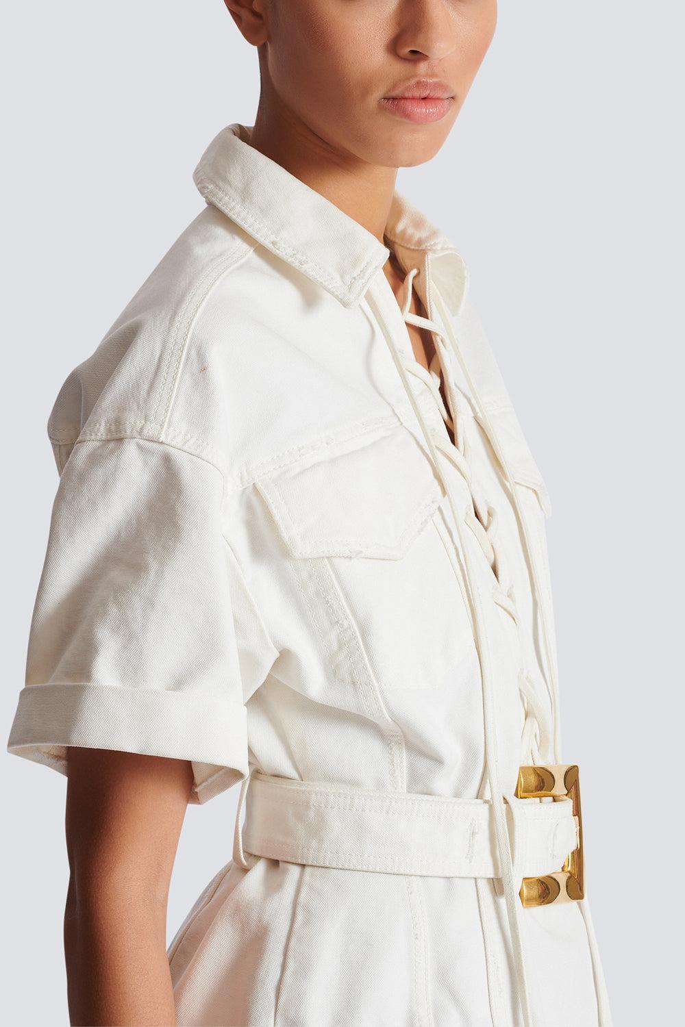 Lace-Up Canvas Dress-BLNCCSS-36-CLOTHINGDRESSCASUAL-BALMAIN
