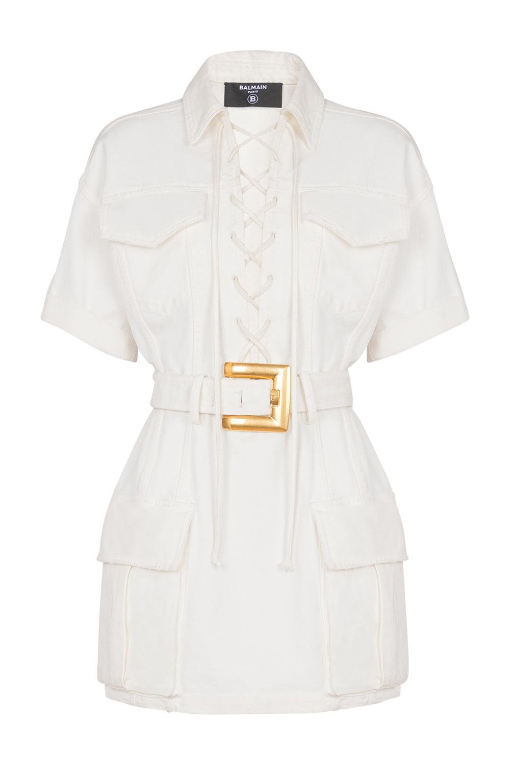 Lace-Up Canvas Dress-BLNCCSS-36-CLOTHINGDRESSCASUAL-BALMAIN