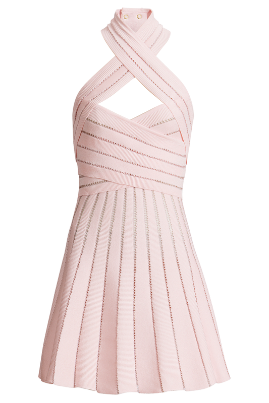 Cross Neck Flare Dress-PINK-36-CLOTHINGDRESSCASUAL-BALMAIN