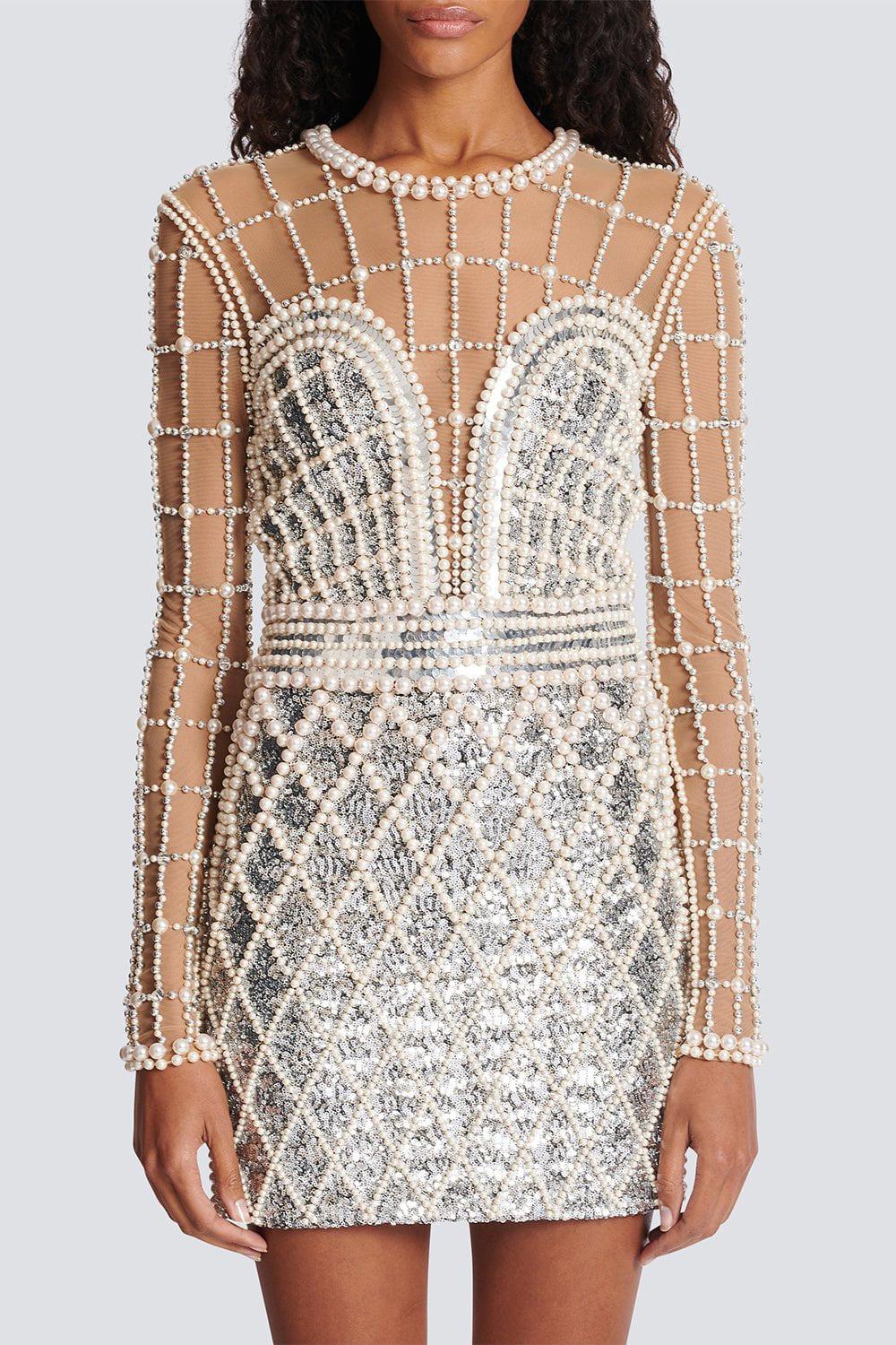BALMAIN-Short Beaded Dress-ARG/PERLE