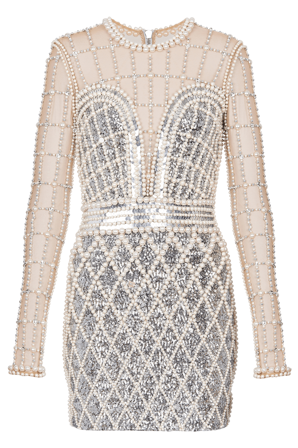 BALMAIN-Short Beaded Dress-ARG/PERLE