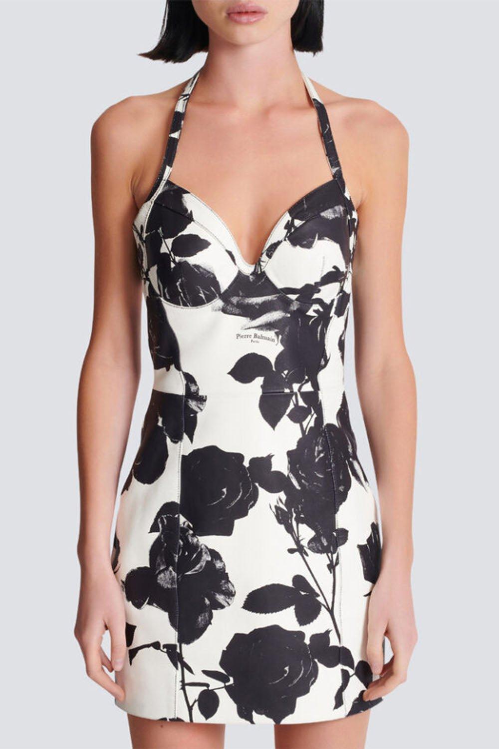 BALMAIN-Printed Floral Short Dress-BLNC/NOI