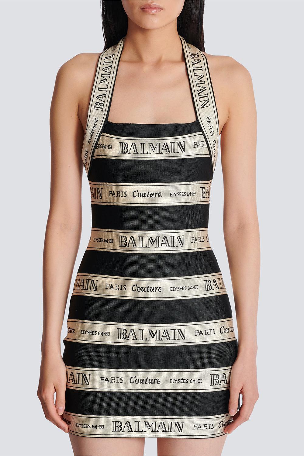 Halterneck Striped Short Dress-NOIR/BGE-36-CLOTHINGDRESSCOCKTAIL-BALMAIN