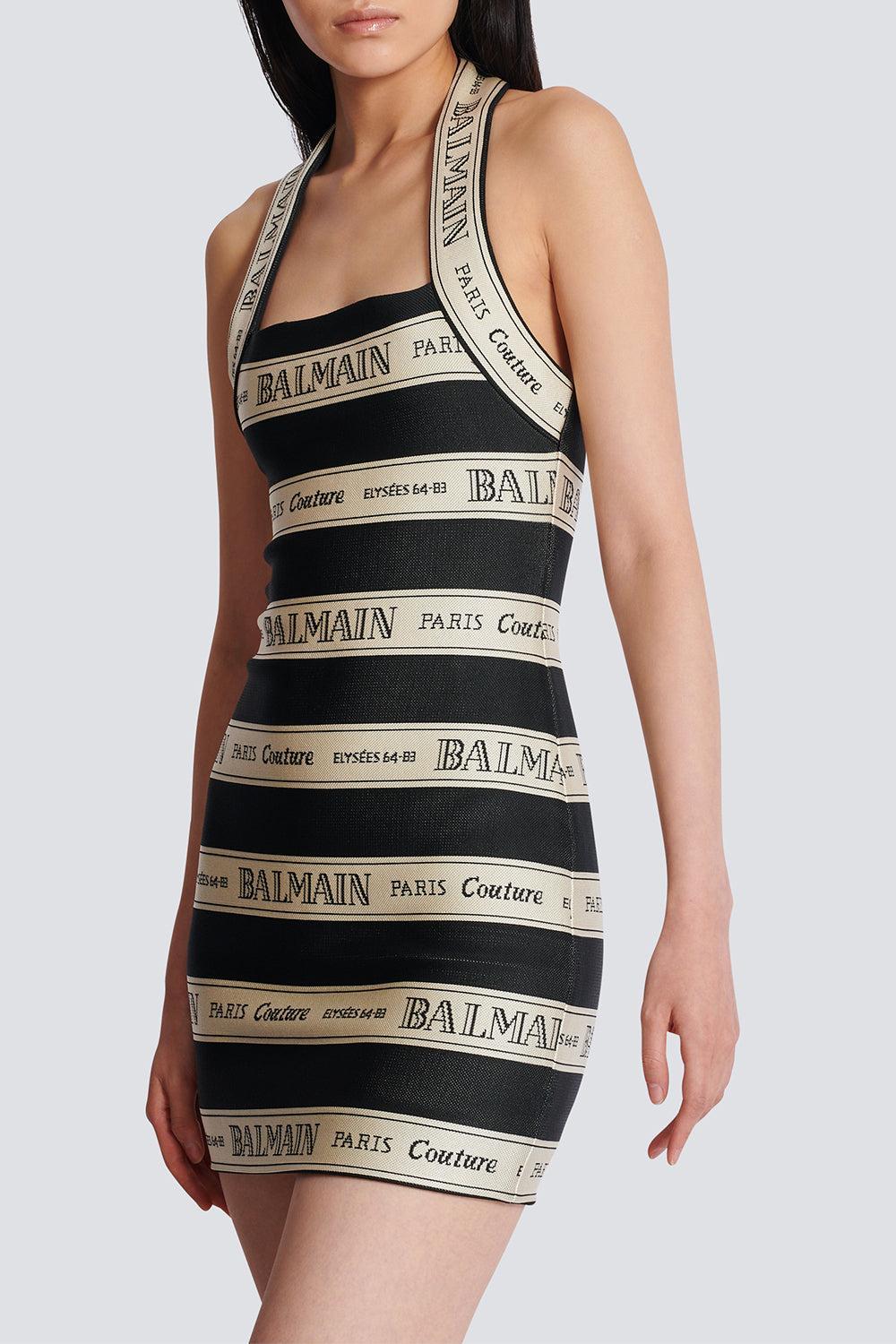 Halterneck Striped Short Dress-NOIR/BGE-36-CLOTHINGDRESSCOCKTAIL-BALMAIN