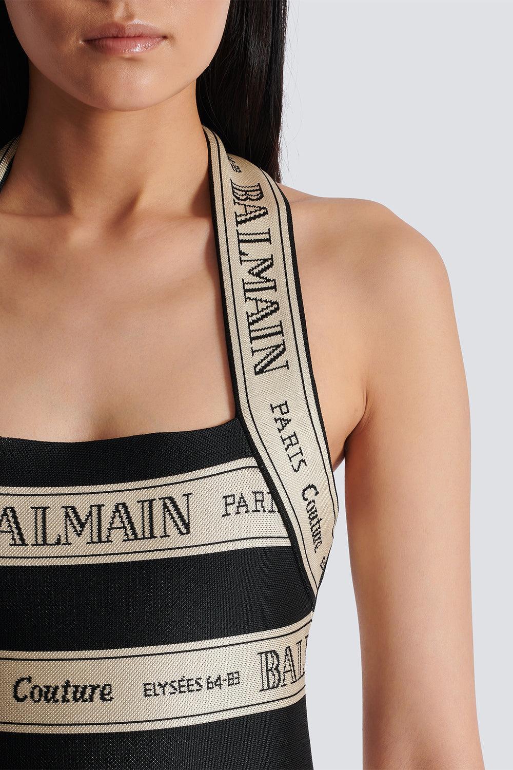 Halterneck Striped Short Dress-NOIR/BGE-36-CLOTHINGDRESSCOCKTAIL-BALMAIN