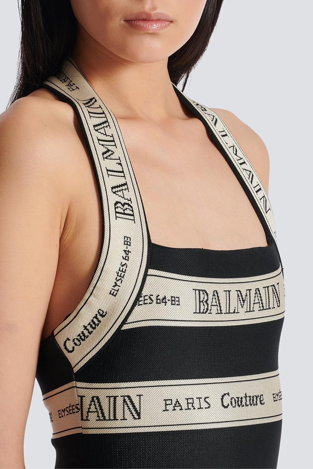 Halterneck Striped Short Dress-NOIR/BGE-36-CLOTHINGDRESSCOCKTAIL-BALMAIN