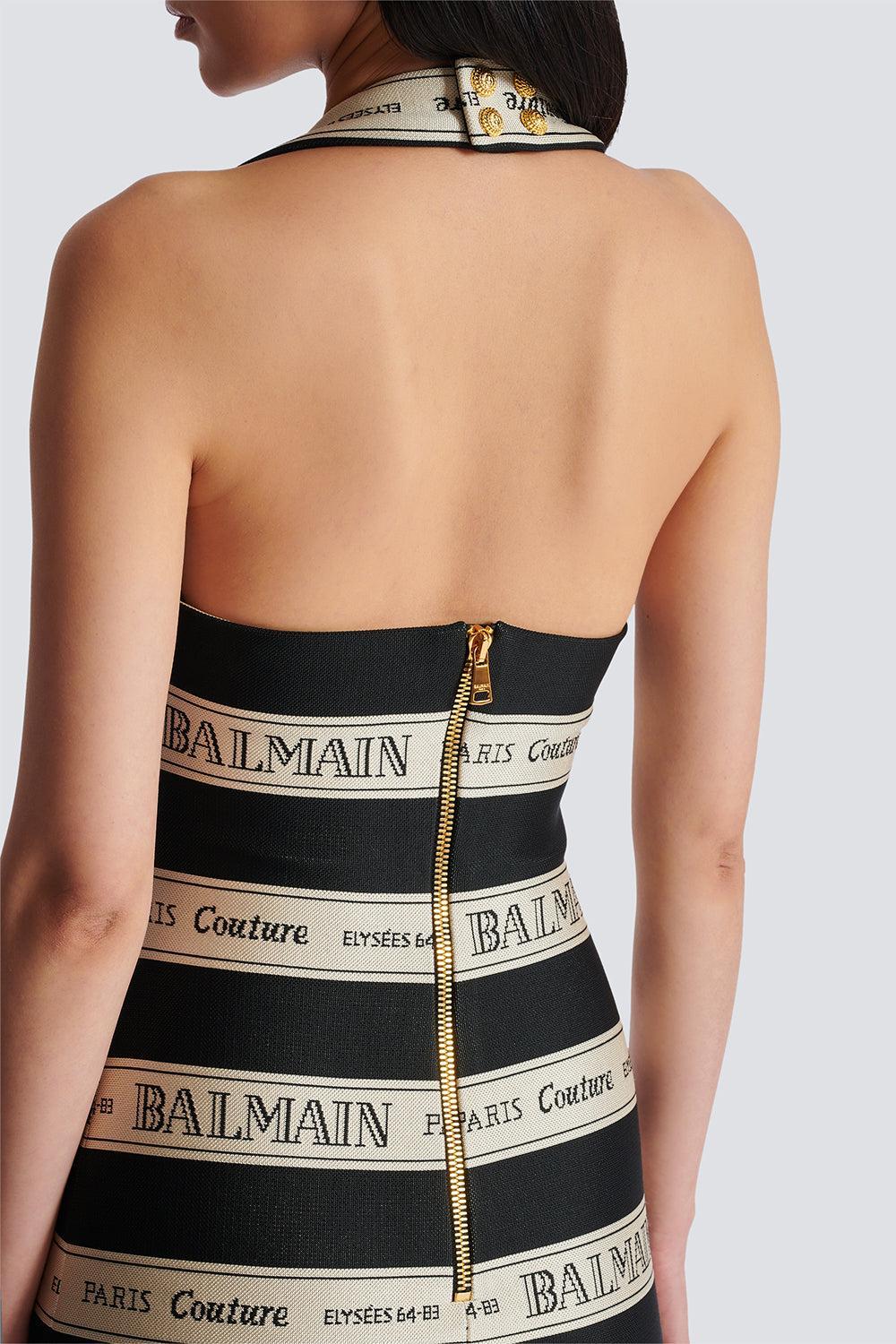 Halterneck Striped Short Dress-NOIR/BGE-36-CLOTHINGDRESSCOCKTAIL-BALMAIN