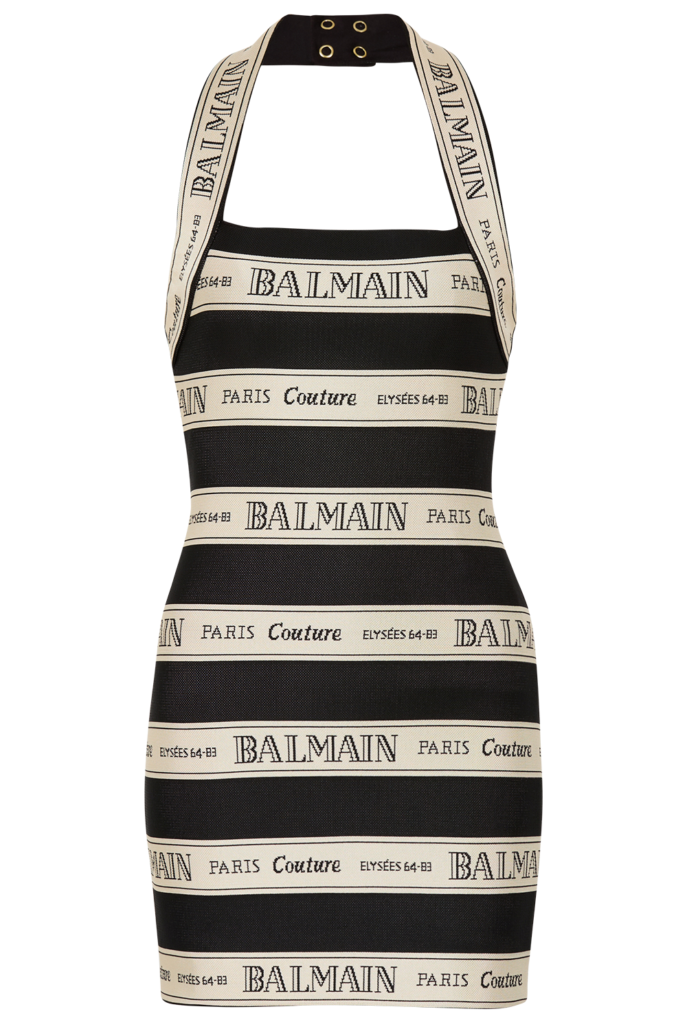 Halterneck Striped Short Dress-NOIR/BGE-36-CLOTHINGDRESSCOCKTAIL-BALMAIN