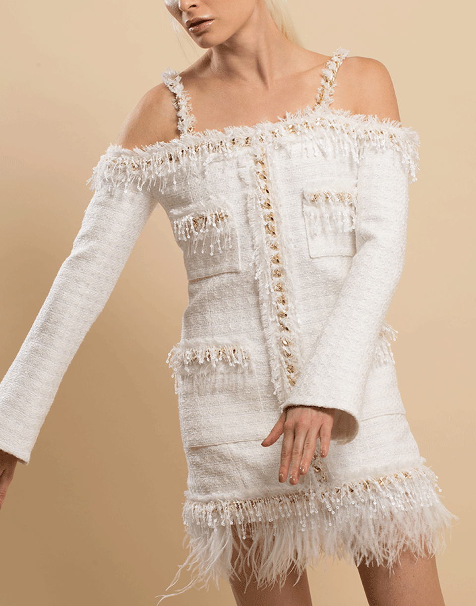 BALMAIN-Cold Shoulder Chain Trim Dress-WHT/GLD