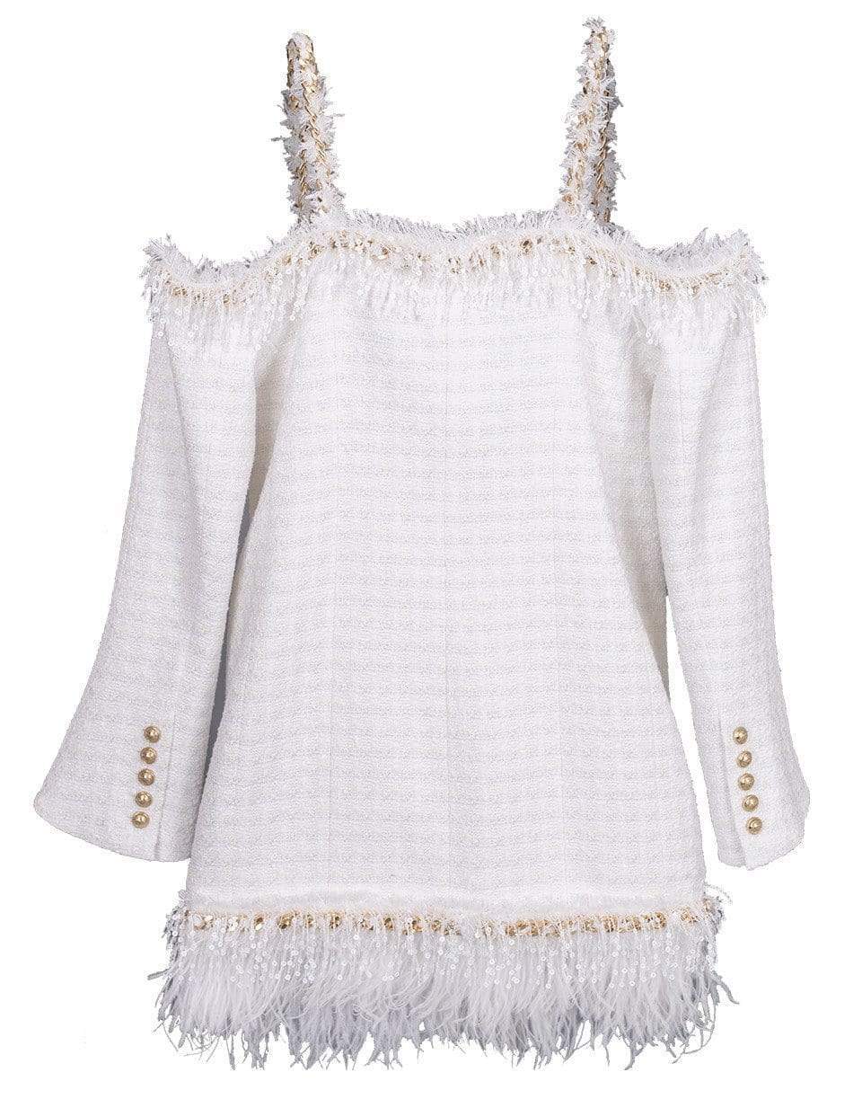 BALMAIN-Cold Shoulder Chain Trim Dress-WHT/GLD