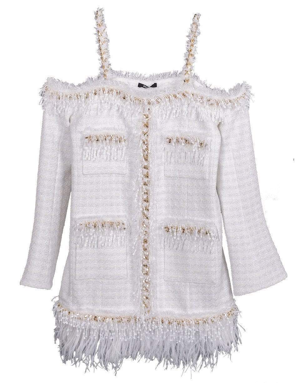 BALMAIN-Cold Shoulder Chain Trim Dress-WHT/GLD