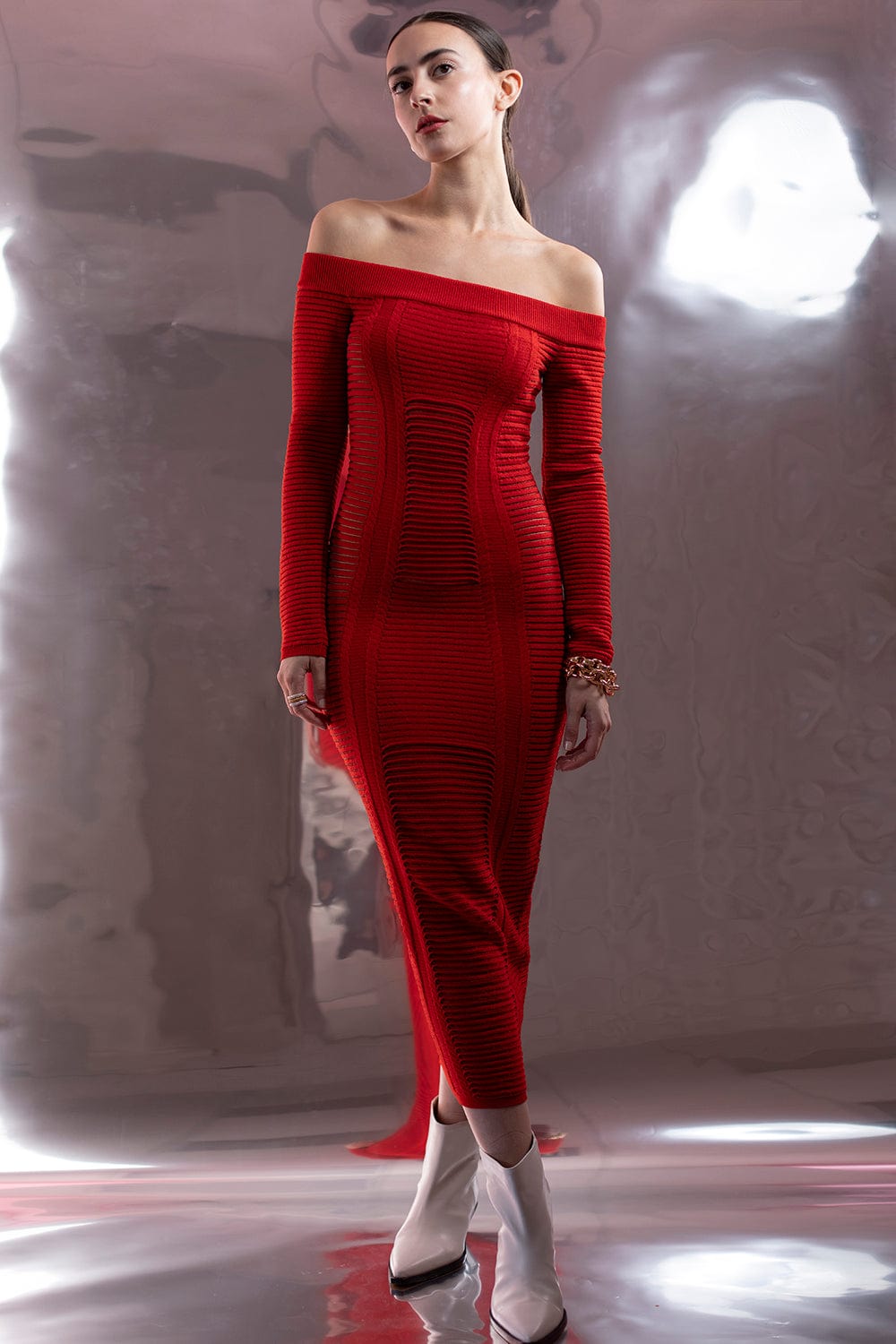 BALMAIN-Long Sleeve Bustier Midi Dress-