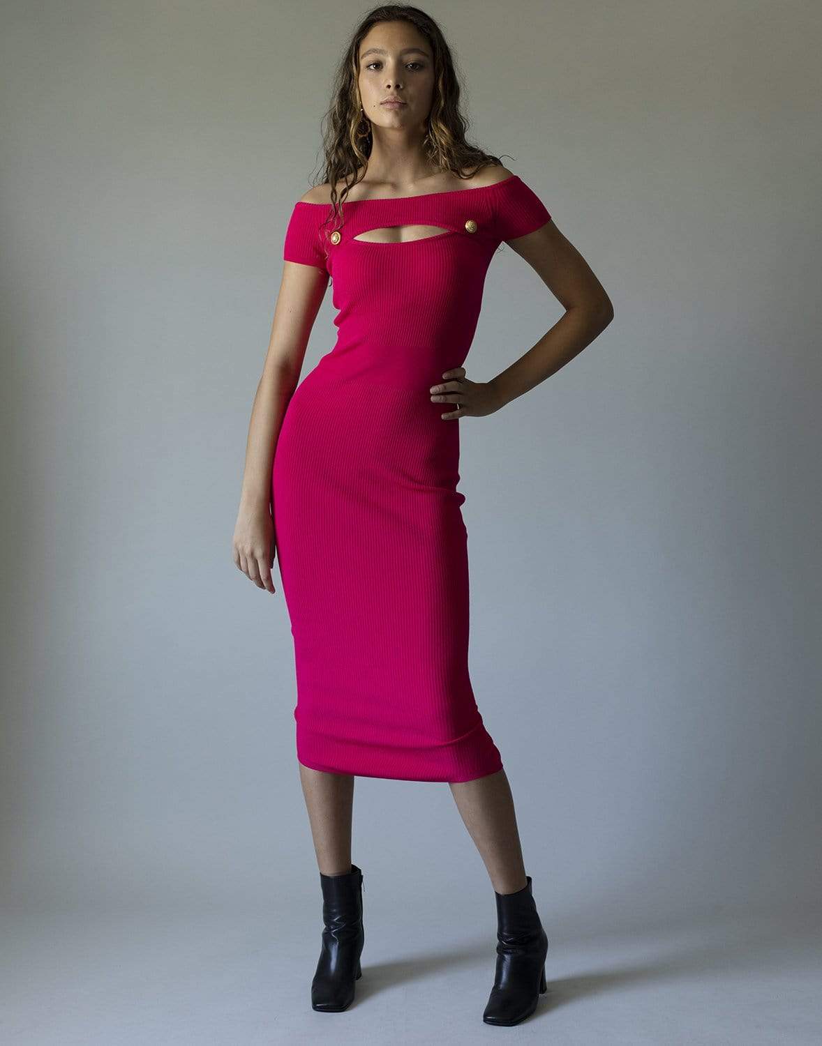 BALMAIN-Off Shoulder Knitted Dress-