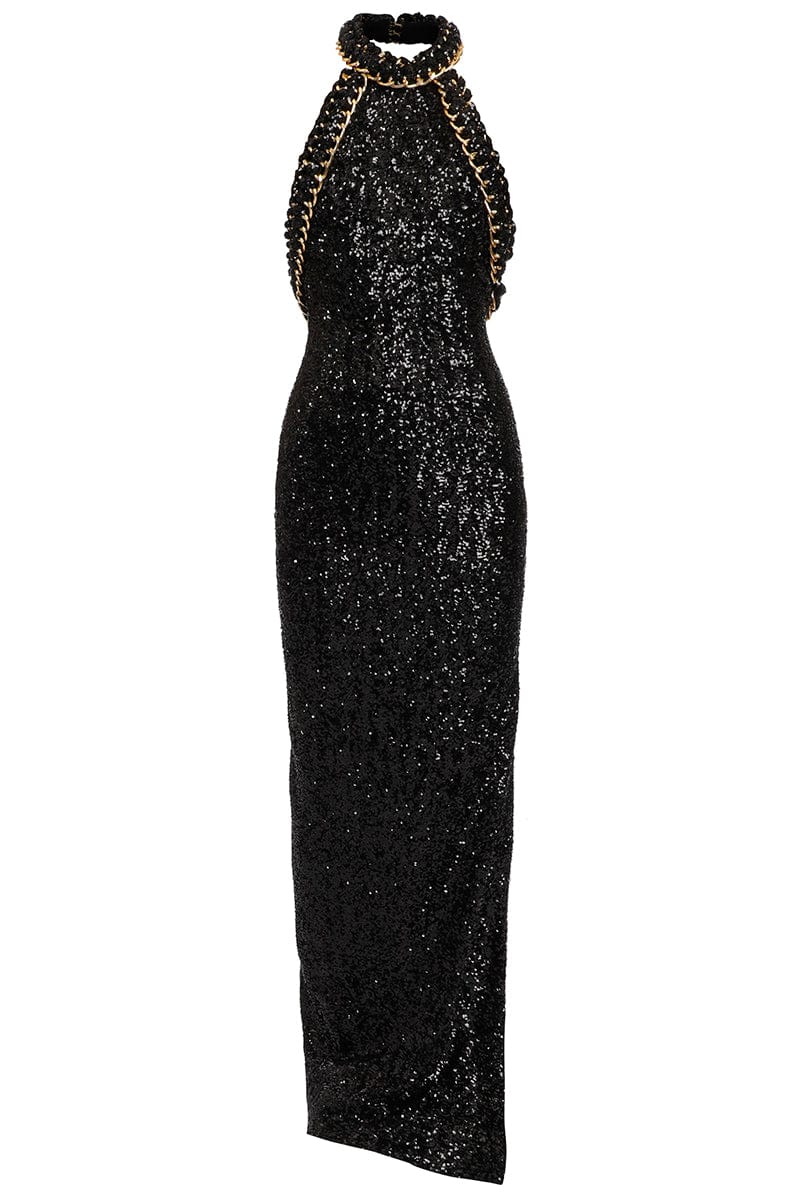  BALMAIN-Embroidered Halter Sequin Maxi Dress-NOIR OR 