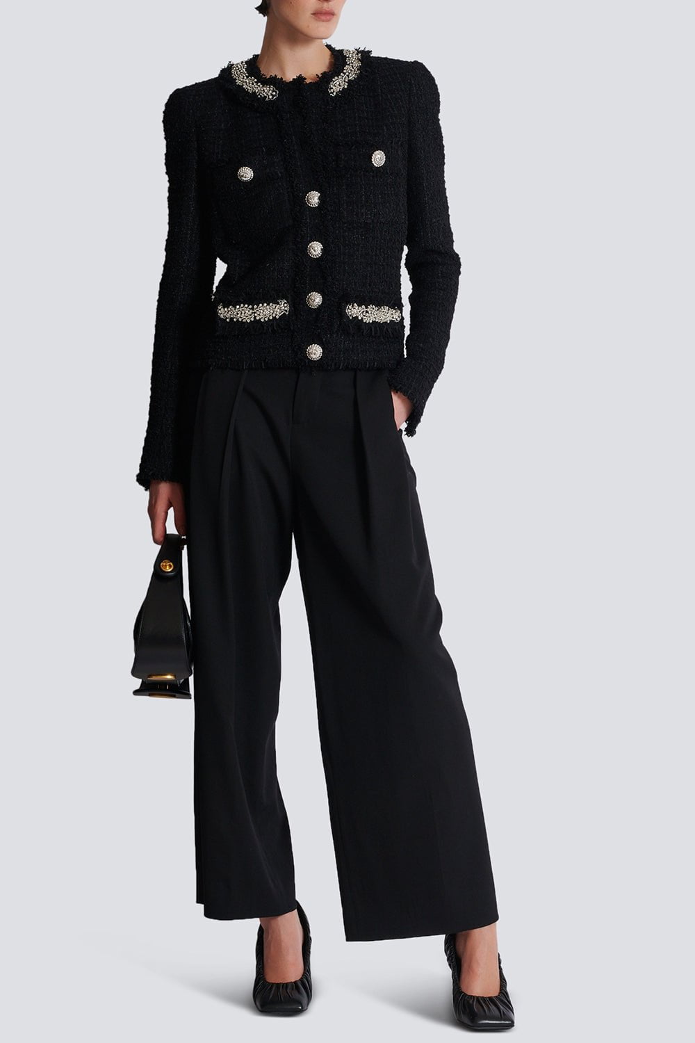BALMAIN-Embellished Collarless Side To Side Jacket-