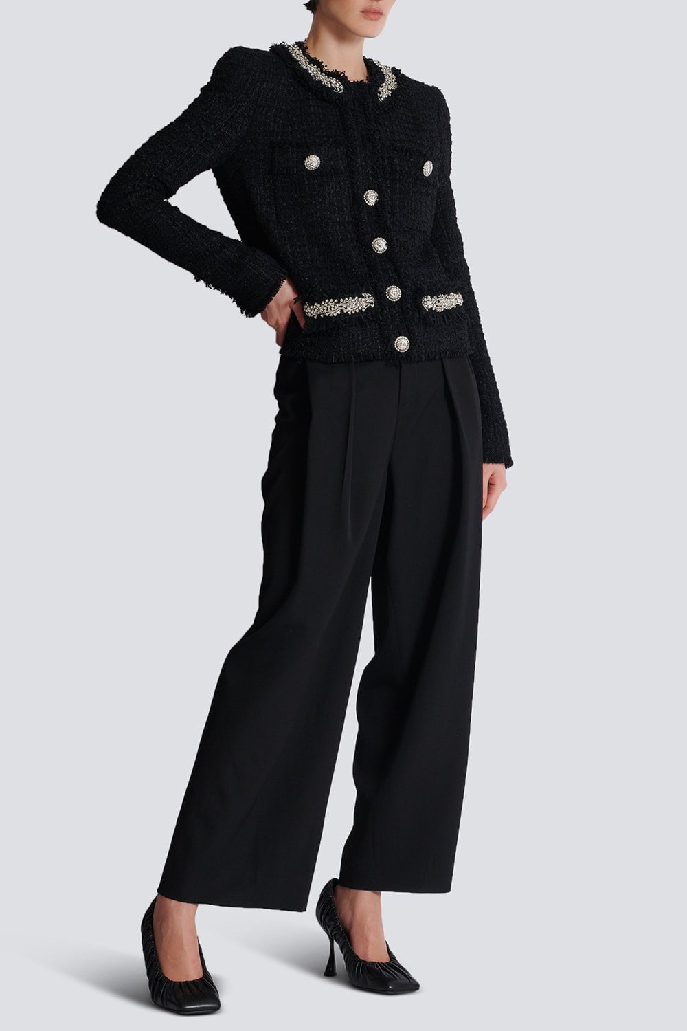 BALMAIN-Embellished Collarless Side To Side Jacket-