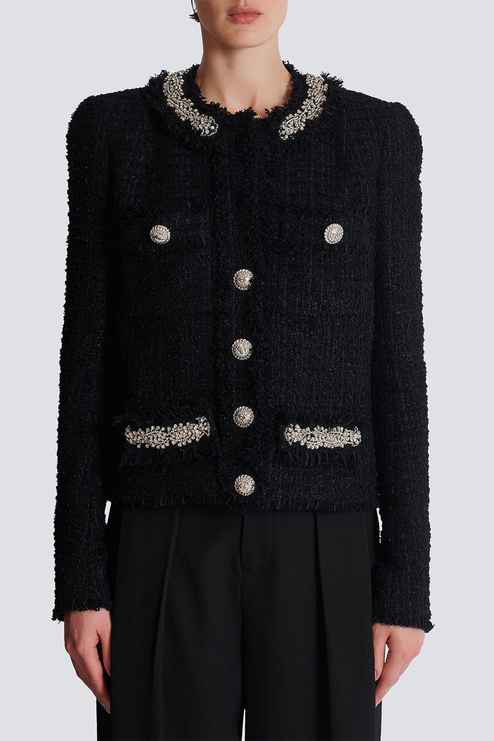 BALMAIN-Embellished Collarless Side To Side Jacket-