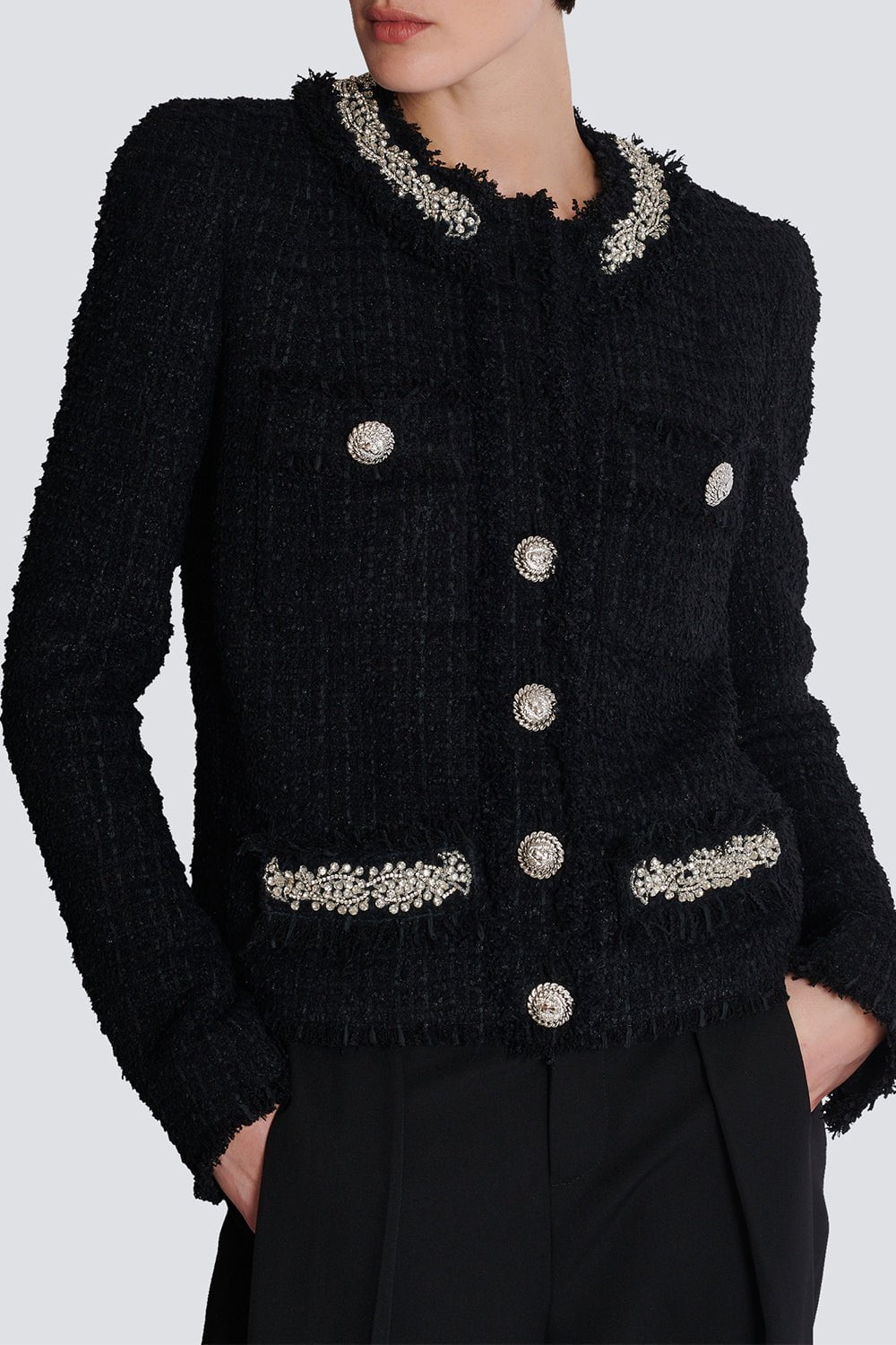 BALMAIN-Embellished Collarless Side To Side Jacket-