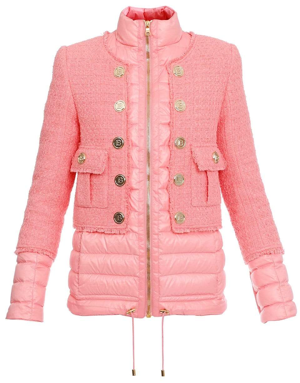 BALMAIN-Pink Zippered Tweed Layered Button Jacket-ROSE