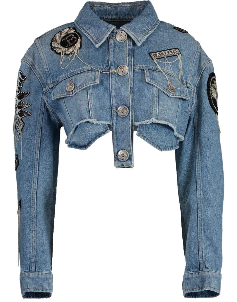 BALMAIN-Cropped Embroidered Denim Jacket-BLUE