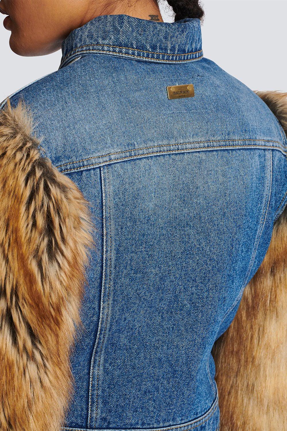 BALMAIN-Crop Denim Faux Fur Jacket-