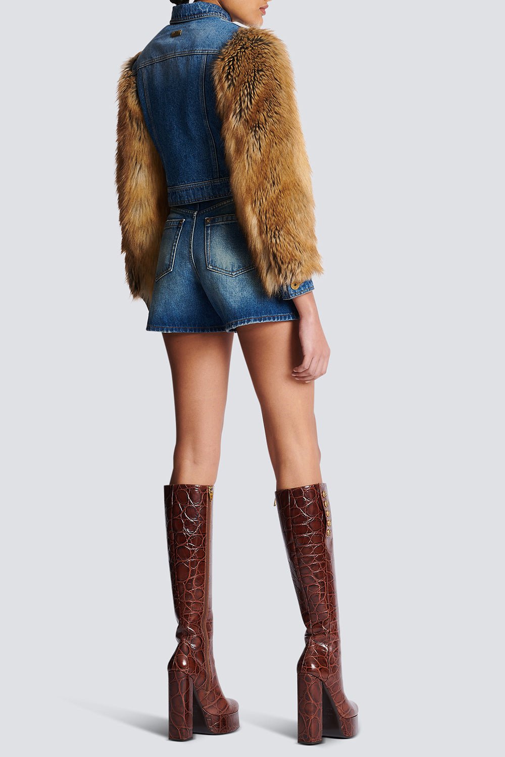 BALMAIN-Crop Denim Faux Fur Jacket-