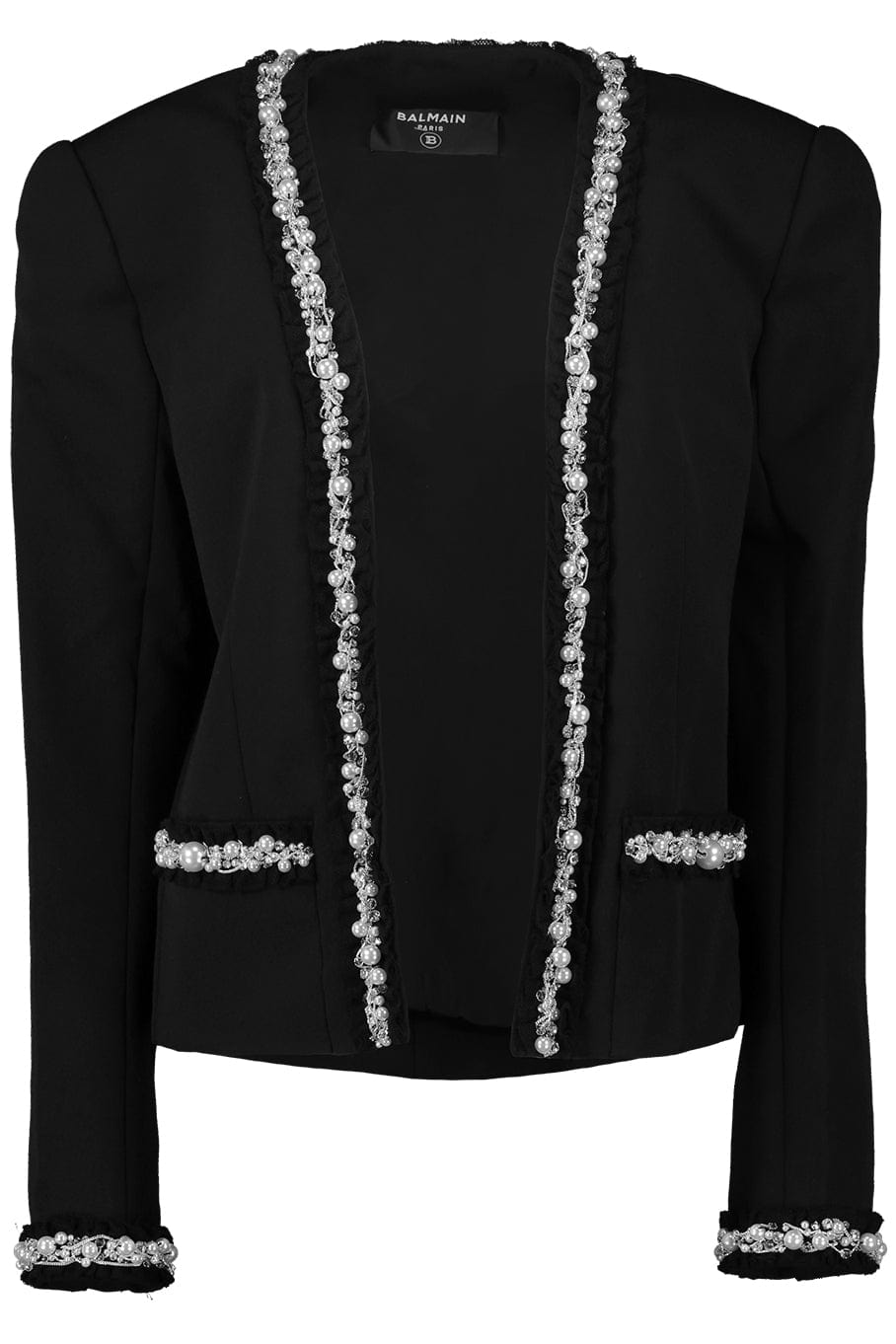 BALMAIN-Collarless Pearl Trimmed Jacket-NOR/BLNC
