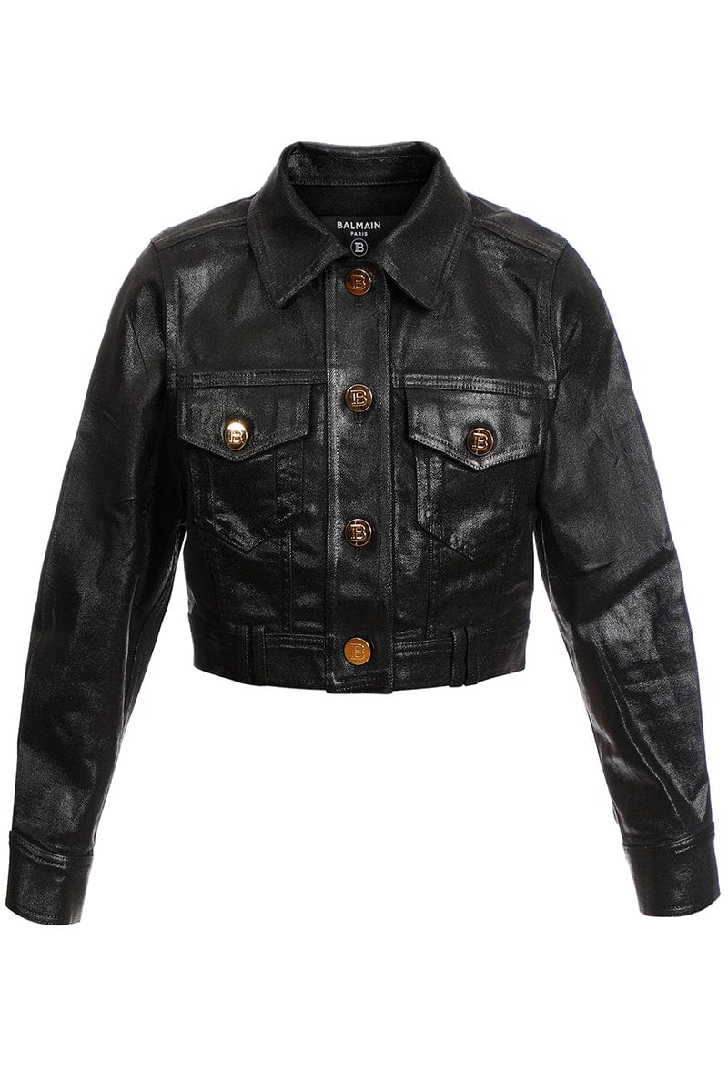 BALMAIN-Coated Denim Cropped Jacket-