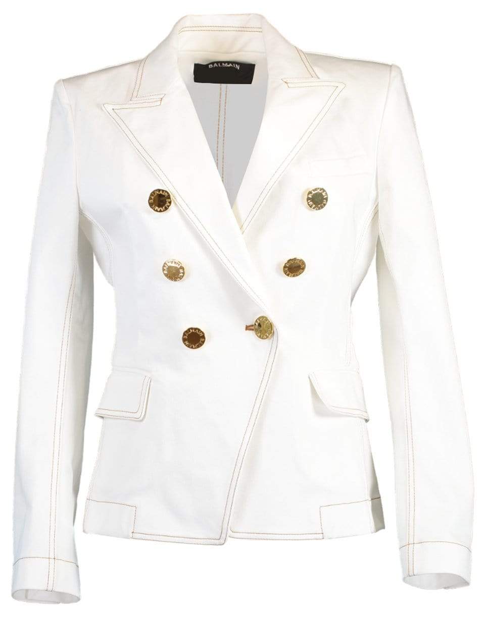 BALMAIN-White Six Button Stitch Denim Jacket-