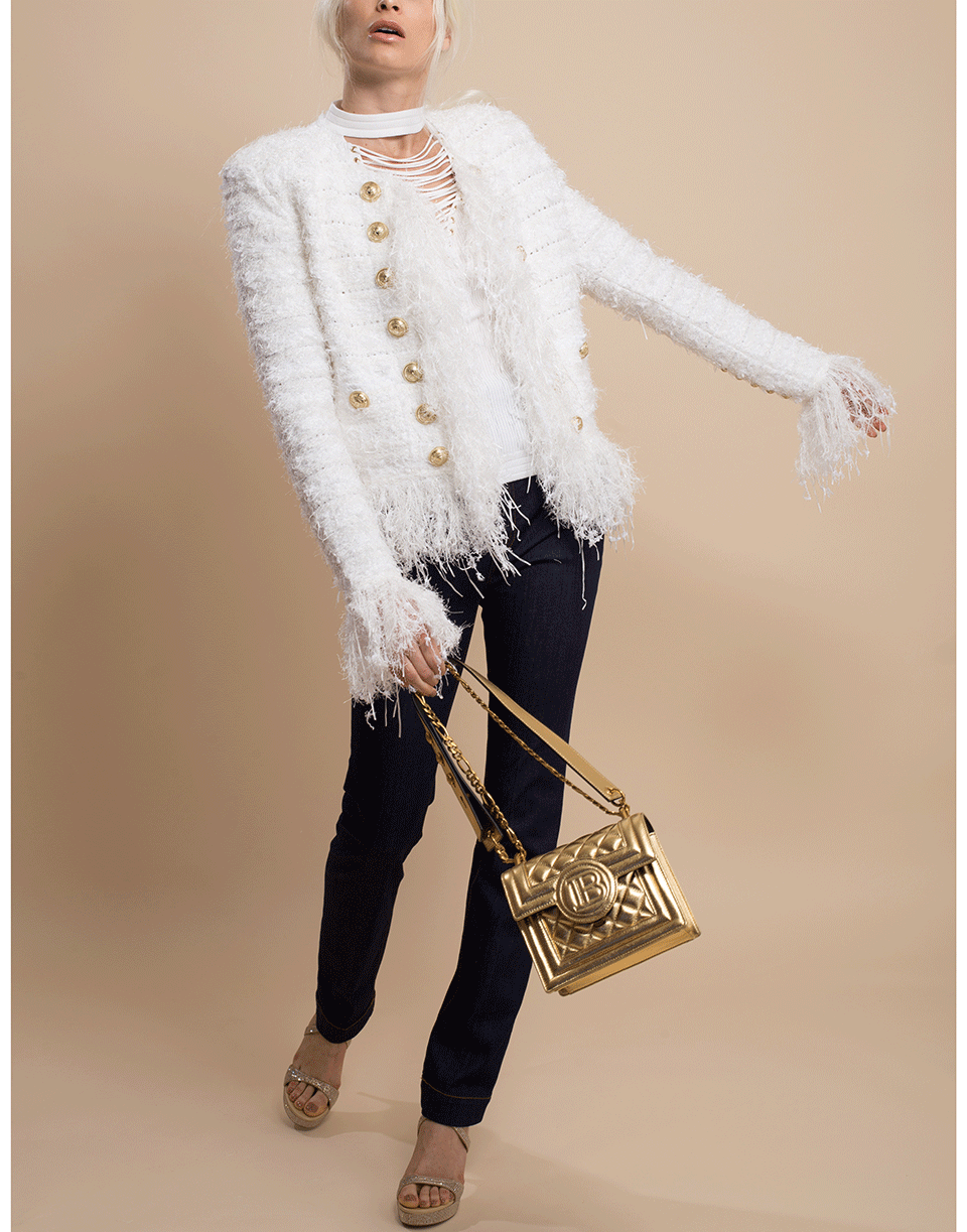 BALMAIN-Blanc Collarless Fringe Tweed Jacket-
