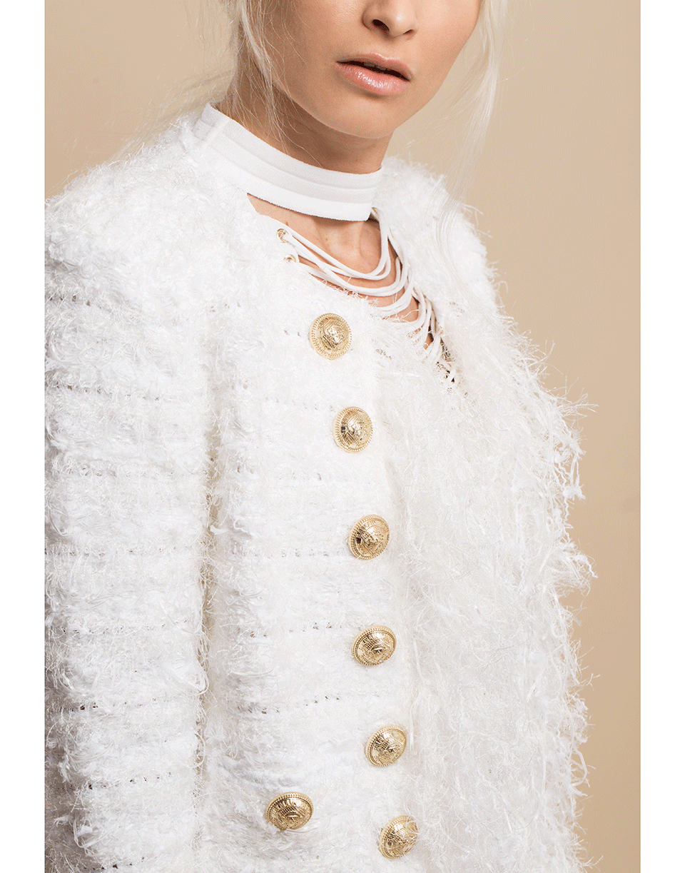 BALMAIN-Blanc Collarless Fringe Tweed Jacket-