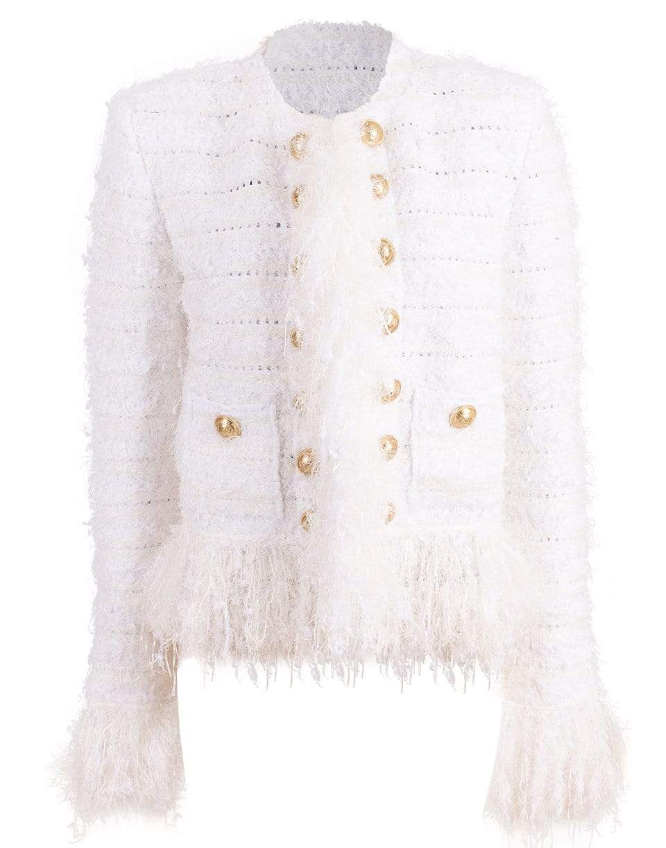 BALMAIN-Blanc Collarless Fringe Tweed Jacket-