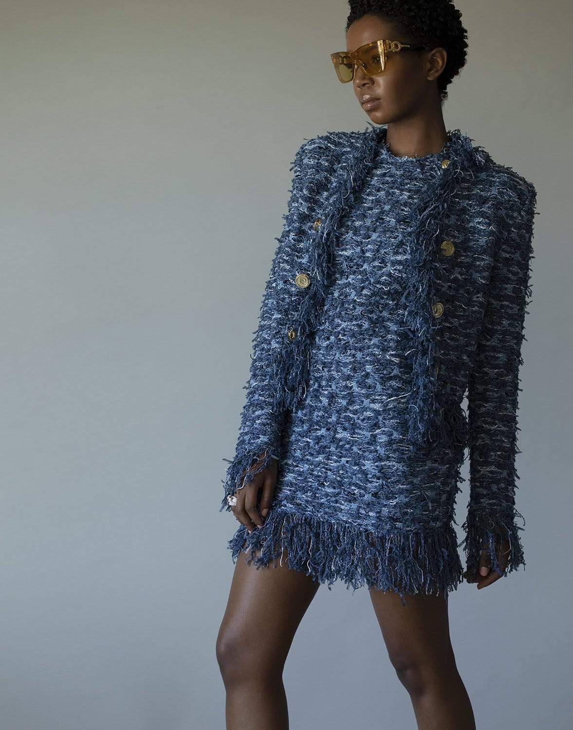 BALMAIN-Denim Blue Fringe Tweed Jacket-