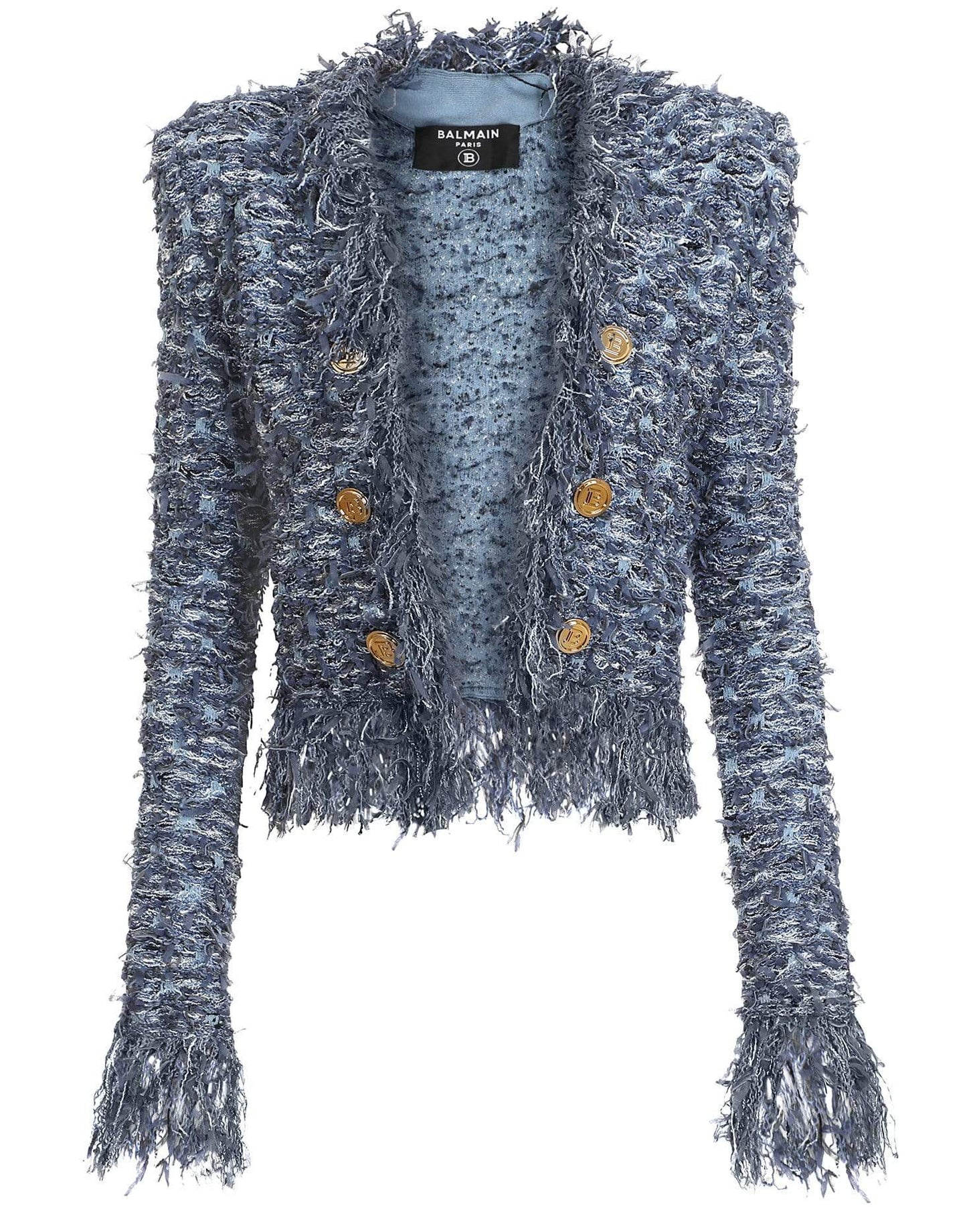 BALMAIN-Denim Blue Fringe Tweed Jacket-