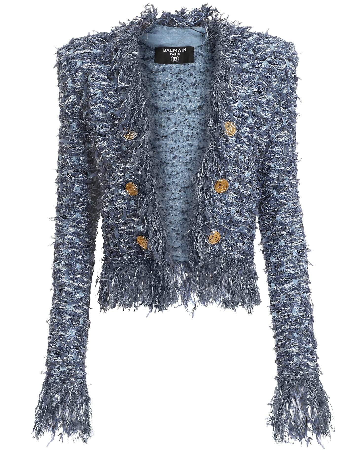 BALMAIN-Denim Blue Fringe Tweed Jacket-