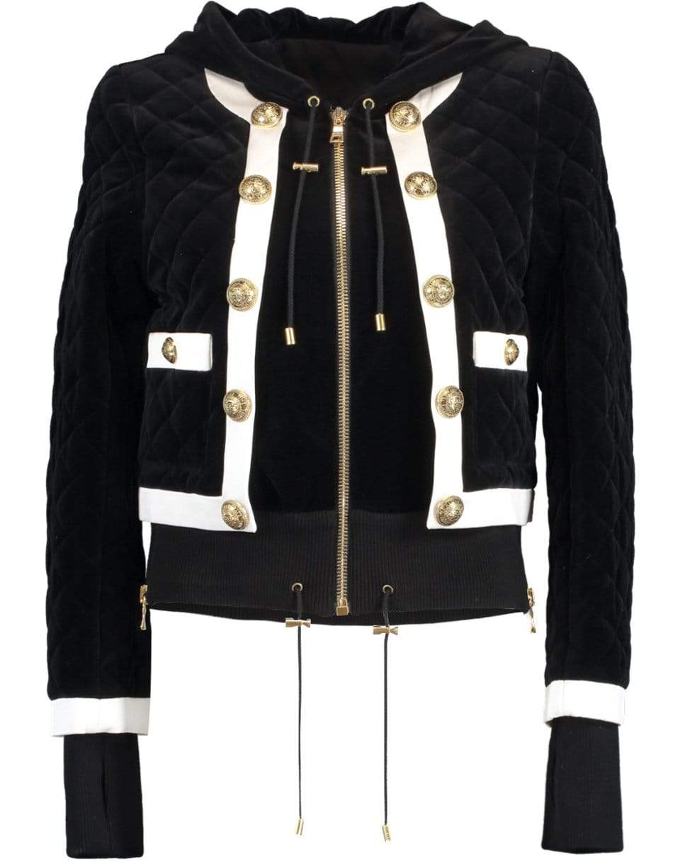 BALMAIN-Zip Hooded Quilted Velvet Jacket-