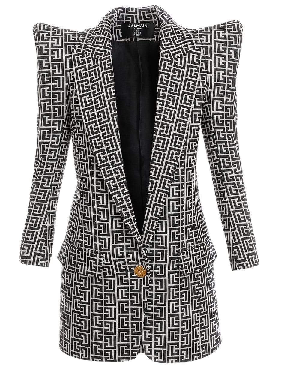 BALMAIN-Long Bicolor Jacquard One-Button Monogram Blazer-IVOIRE