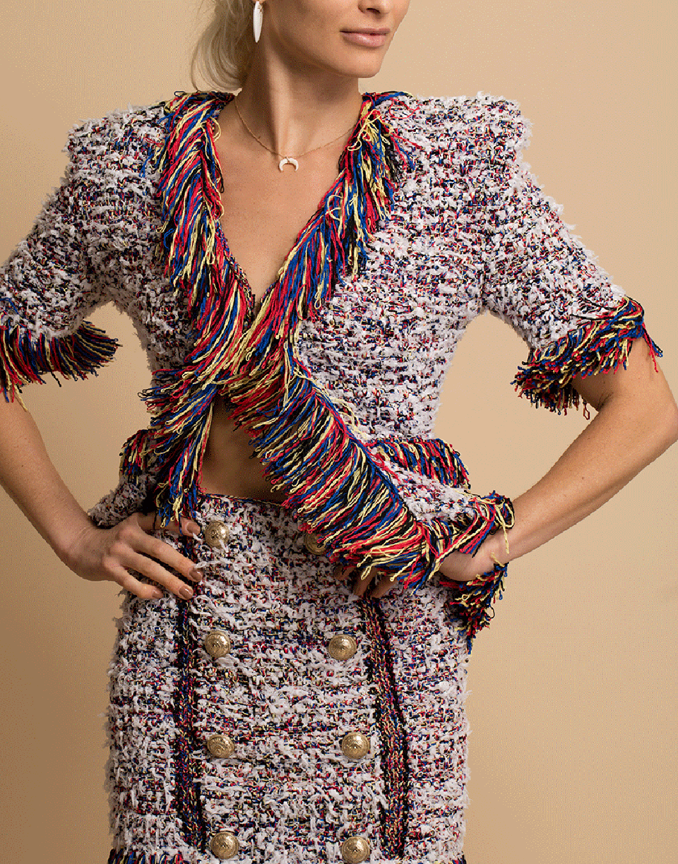 BALMAIN-Mutli-Color Collarless Fringe Tweed Jacket-