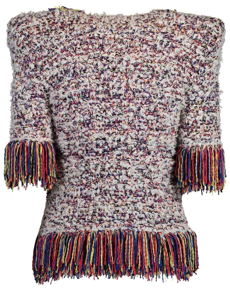 BALMAIN-Mutli-Color Collarless Fringe Tweed Jacket-