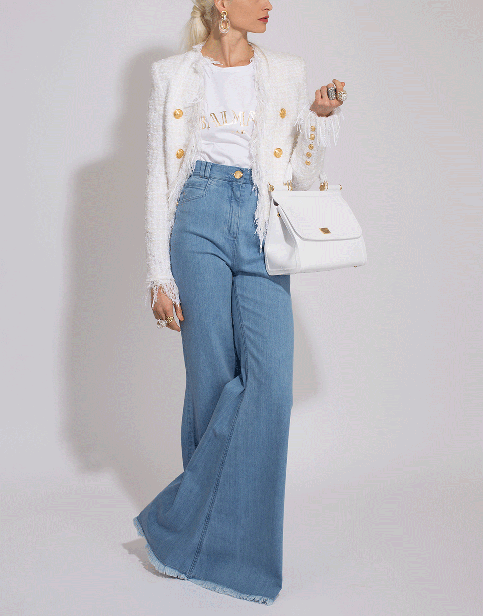BALMAIN-White Collarless Fringe Tweed Jacket-