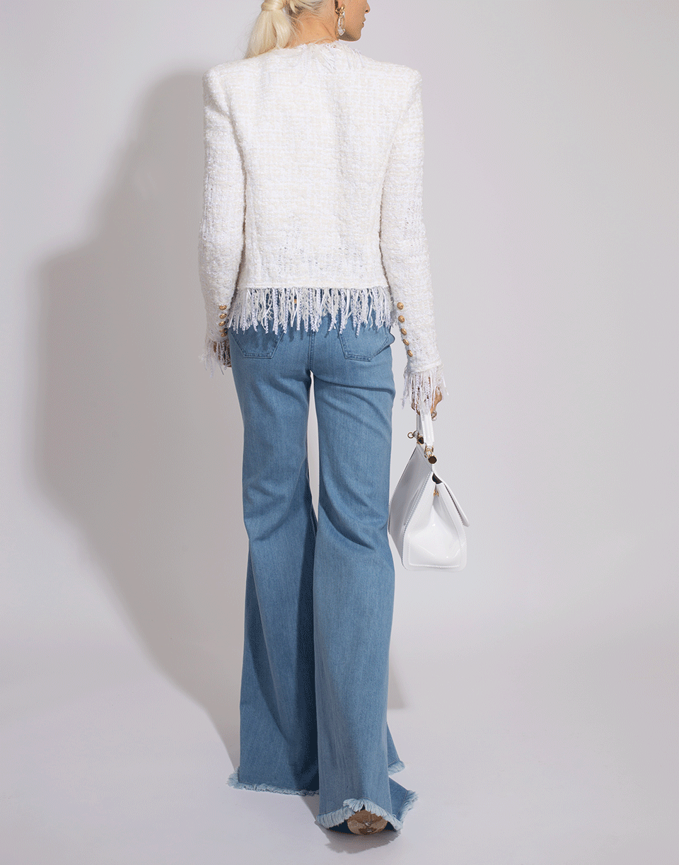 BALMAIN-White Collarless Fringe Tweed Jacket-