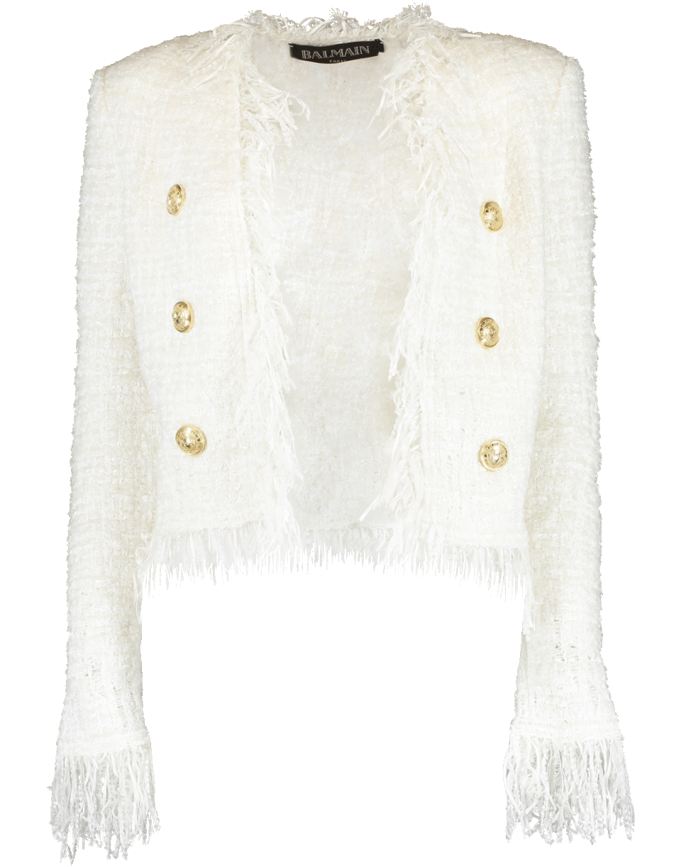 BALMAIN-White Collarless Fringe Tweed Jacket-